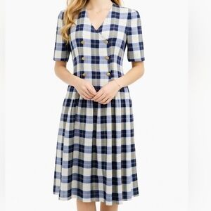 Lanz Originals Vintage Double Breasted Plaid Midi Dress in Blue Size Large